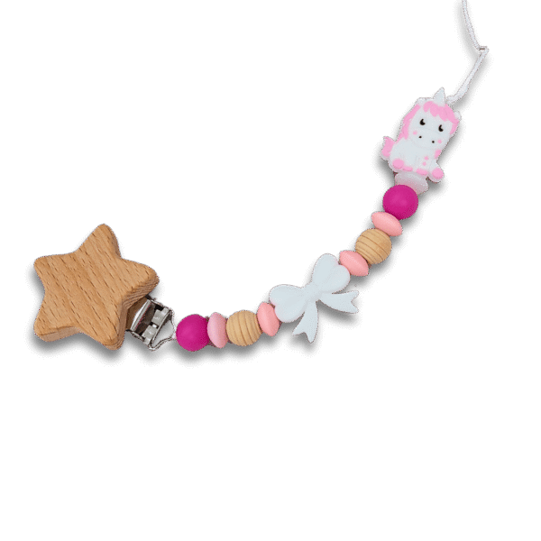 Sujetachupetes Unicornio y Lazo | Estrella de Madera y Rosa