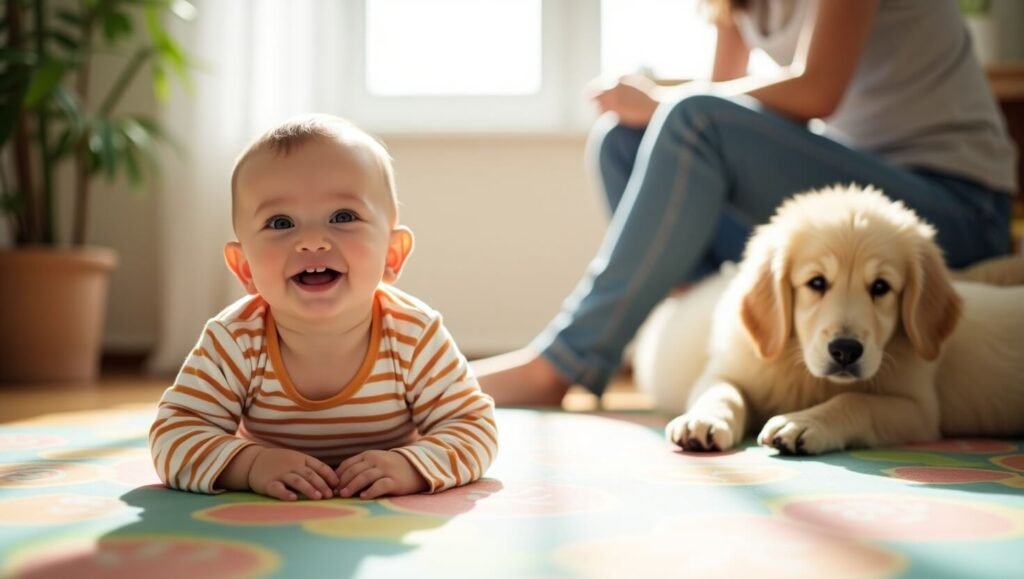 bebe-cachorro-golden-retriever-casa-segura-sonriendo-alfombra bebe-cachorro-golden-retriever-casa-segura-sonriendo-alfombra
