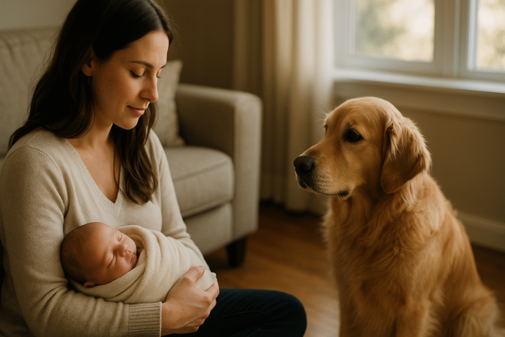 madre-bebe-perro-golden-retriever-sala-estar-interaccion madre-bebe-perro-golden-retriever-sala-estar-interaccion